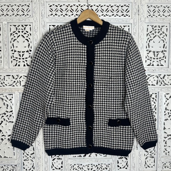 Brooks Brothers 100% Wool Black & White Houndstooth Preppy Button Up Cardigan - Picture 1 of 7